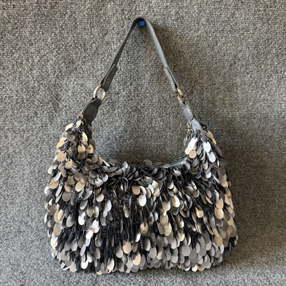 Gray Silver Black Sequin Crescent Shoulder Bag Metallic Finish Party/Cocktail